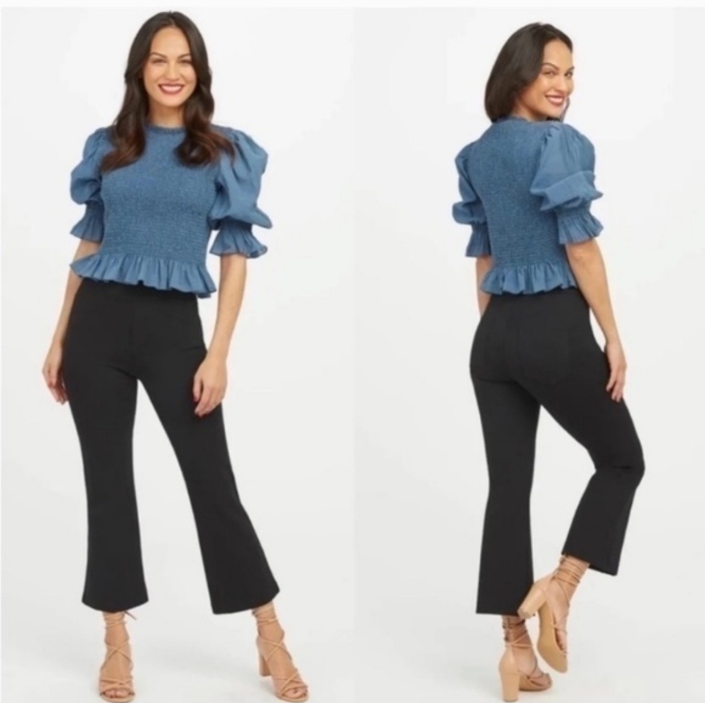 SPANX On The Go Flare Leg Cropped Black Pants High Rise Size XS Petite